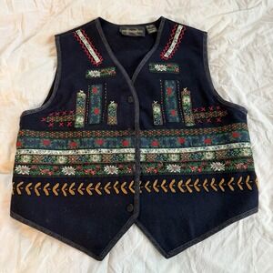 Vintage Requirements Wool Vest L Embroidered Floral Nordic Folk